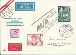 AUSTRIA WIEN CC PRIMER VUELO SALZBURG LINZ WIEN 1964 SELLO NAVIDAD - Eerste Vluchten