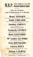 ELECTIONS à L'assemblée Constituante-scrutin Du 2 Juin 1946-dept Gironde-les 6 Listes De Candidats - Andere & Zonder Classificatie