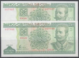 2005-BK-10 CUBA. BANCO NACIONAL DE CUBA. 2005. 5$. MAXIMO GOMEZ UNC. 2 CONSECUTIVE BANKNOTE. - Kuba