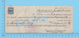 Sherbrooke  Quebec Canada 1930 Billet ( $55.02 à 7%,  Banque Canadienne,  Tax Stamp  FX 36 )  2 SCANS - Cheques En Traveller's Cheques