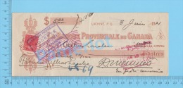 Lachine Quebec 1921  Cheque ( $5.00, "Arthur Larche"  Stamp Scott # 106 ) 2 SCANS - Cheques & Traverler's Cheques
