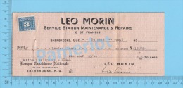 Sherbrooke 1952  Check Cheque ( $19.75 , Leo Morin Service Station ,  Tax Stamp FX 64 )Quebec Qc. 2 SCANS - Cheques & Traverler's Cheques