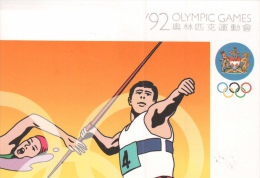 1992 Olympics HONG KONG, Summer Olympics, Barcelona A126, Special Postmark, #625 $1.80 Stamp Swimming & Javelin Postcard - Olympische Spelen