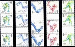 FOSSILS-DINOSAURS- GREAT BRITAIN-GUTTER PAIRS-STRIP OF 3-SET OF 5-MNH-A6-445 - Fossilien