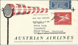 AUSTRIA C C PRIMER VUELO WIEN PRAG DUSSELDORF 1961 AL DORSO MAT LLEGADA - Primeros Vuelos