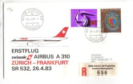 VOL1965 - SVIZZERA 1983, Swissair Primo Volo Zurigo Francoforte . Raccomandata - Premiers Vols