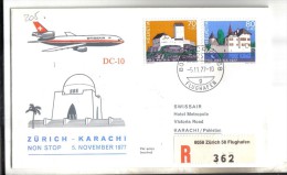 VOL205 - SVIZZERA 1977, Swissair Primo Volo Zurigo Karachi  Raccomandata - First Flight Covers