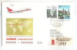 VOL210 - SVIZZERA 1984, Swissair Primo Volo Zurigo Chicago . Raccomandata - Eerste Vluchten