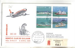 VOL211 - SVIZZERA 1978, Swissair Primo Volo Ginevra Dar Es Salaam Tanzania . Raccomandata - Primeros Vuelos