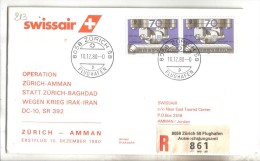 VOL213 - SVIZZERA 1980, Swissair Primo Volo Zurigo Amman Giordania . Raccomandata . - Primeros Vuelos