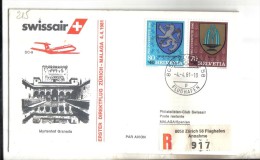 VOL215 - SVIZZERA 1981, Swissair Primo Volo Zurigo Malaga . Raccomandata . - First Flight Covers