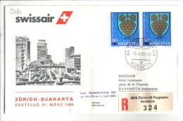 VOL216 - SVIZZERA 1980, Swissair Primo Volo Zurigo Giacarta Indonesia . Raccomandata . - Primi Voli