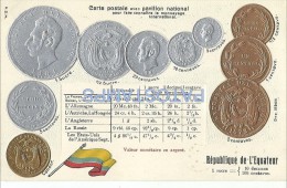 8161 ECUADOR REPUBLIC L'EQUATER ART ARTE EMBOSSED FLAG AND COINS DECIMES CENTAVOS POSTAL POSTCARD - Ecuador