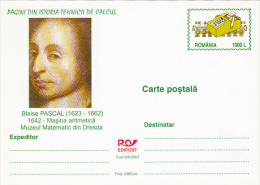 17649- BLAISE PASCAL, MATHEMATICIAN, COUNTING MACHINE, POSTCARD STATIONERY, 2001, ROMANIA - Informatique