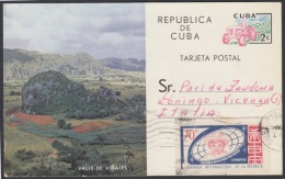 1963-EP-2. CUBA REVOLUCION. 1963. Ed.103. TURISMO. VIÑALES. TARJETA POSTAL A ITALIA. ITALY CON FRANQUEO COMPLEMENTARIO. - Lettres & Documents