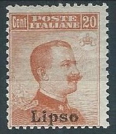 1917 EGEO LIPSO EFFIGIE 20 CENT MH * - W090 - Egeo (Lipso)