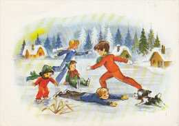 Vintage Figure Skating Postcard Children Skating At Frozen Lake - Pattinaggio Artistico