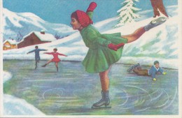 Vintage Figure Skating Postcard Children Skating At Frozen Lake - Pattinaggio Artistico