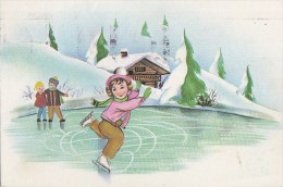 Vintage Figure Skating Postcard Children Skating At Frozen Lake - Eiskunstlauf