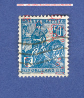 1929 N° 257  TYPE 1 DENT 14 X 13 1/2 JEANNE D ARC 50 C BLEU OBLITÉRÉ DOS CHARNIÈRE - Usados