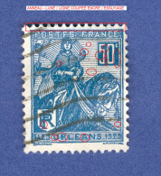 1929 N° 257 TYPE 1 DENT 14 X 13 1/2  JEANNE D ARC 50 C BLEU  OBLITÉRÉ DOS CHARNIÈRE - Usados