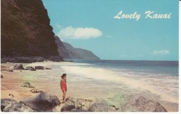 Kauai Hawaii, Napali Cliffs Woman On Beach, C1950s Vintage Postcard - Kauai