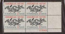 Plate Block -1964 USA American Music Stamp Sc#1252 Lute Horn Laurel Oak Music Score - Plate Blocks & Sheetlets