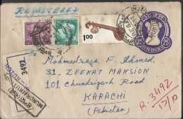 India Registered Airmail 1965 Gnat Plane 20p, Mangoes.1974 Veena 1r, Refugee  Relief Handstruck Postal History Cover - Airmail