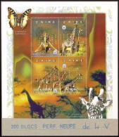 Zaïre 1997 COB Bl 120. Perforés « Annulé ».  ​Girafes Et Papillon Charaxes Superbus - Giraffes