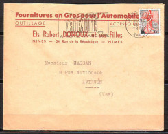 Mne A La  Nef Sur Lettre De  NIMES GARE  Gard  Le 26 1 1960  Entete PUB  " FOURNITURES EN GROS POUR L AUTOMOBILE  " - 1959-1960 Marianne à La Nef