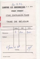 Alt705 Taxe Sejour Camping Les Boucholeurs Port Punay France Chatelaillon Plage Fattura Tassa Di Soggiorno 1992 - Sports & Tourisme