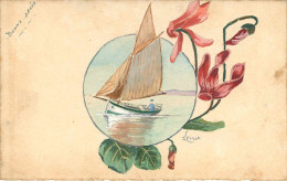 Arts - Peintures & Tableaux - Bateaux De Pêche - Voiliers - Fleurs - Carte Peinte - Signature A Identifier - état - Schilderijen