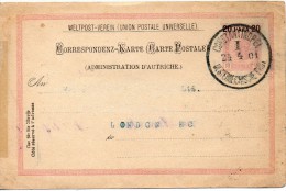 LEVANT AUTRICHIEN ENTIER POSTAL CONSTANTINOPEL POUR LA GRANDE BRETAGNE 1901 - Levant Autrichien