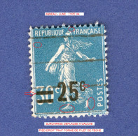 1926 / 1927  N° 217o  SEMEUSE FOND PLEIN SURCHARGES = 25 C  OBLITÉRÉ DOS CHARNIÈRE - Gebraucht