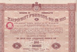 Obligation Au Porteur De 250 Francs Or .  ROYAUME DE YOUGOSLAVIE . Emprunt Funding Or 5% 1933 - Banque & Assurance