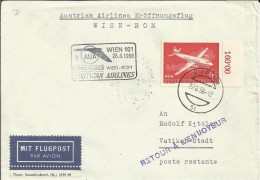 AUSTRIA CC PRIMER VUELO WIEN ROMA 1958 AUA AUSTRIAN AIRLINES AL DORSO MAT ROMA Y VATICANO - Eerste Vluchten