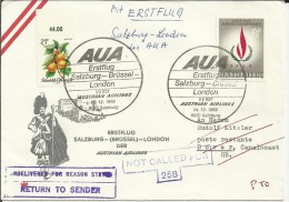 AUSTRIA CC PRIMER VUELO SALZBURG BRÜSELL LONDON 1969 AL DORSO MAT DOVER - Eerste Vluchten