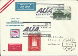 AUSTRIA CC PRIMER VUELO WIEN LIN SALZBURG 1964 AL DORSO SELLOS TASA - First Flight Covers