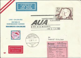 AUSTRIA CC PRIMER VUELO WIEN LIN SALZBURG 1964 AL DORSO SELLOS TASA - Premiers Vols
