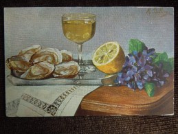 Nature Morte Signé M.Billing , Bouquet De Violette , Huitres Et  Verre De Vin Blanc ( Cancale ) - Billing, M.