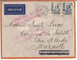 Lettre Espagne 1938 Destination Marseille + Censure Militaire Santa Cruz De Ténérife - Bolli Di Censura Nazionalista