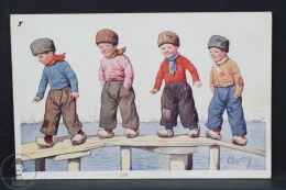 Artist Signed Illustrated Postcard - Karl Fiertag - Dutch Childrens On The Bridge - Feiertag, Karl