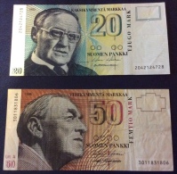 FINLAND 20 MARKKAA 1993 + 50 MARKKAA 1986 LITT. A CIRCULATED - Finland