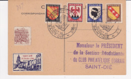 FRANCE CARTE POSTALE EXPOSTION PHILATELIQUE DU 20/10/1946 AVEC VIGNETTE ST DIE - Cartas & Documentos