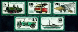 Germany GDR 1977 Dresden Transport Museum Steam Locomotive Tram Boat Plane Car DDR Stamps MNH Sc1843-47 Michel 2254-2258 - Tramways