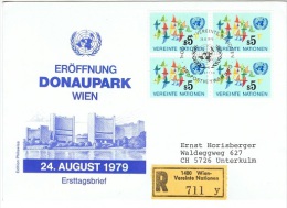 ONU-L38 - NATIONS UNIES Bureau De Vienne N° 5 Sur FDC Donaupark Avec Bloc De 4 Recommandé Pour Unterkulm - FDC