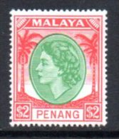 Malaya Penang 1954-7 QEII $2 Emerald & Scarlet Definitive, MNH - Penang