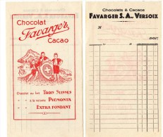 Facture Ancienne De Chocolat FAVARGER, Versoix, Suisse, Format: Env. 21 X 11,5 Cm - Suiza