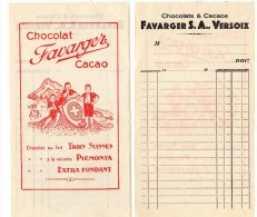 Facture Ancienne De Chocolat FAVARGER, Versoix, Suisse, Format: Env. 21 X 11,5 Cm - Schweiz