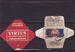 2 Old Razor Blade Wrappers-Rasierklinge Verpackungen-Enveloppeurs Lames De Rasoir-LAMETTA DA BARBA,Virtus, Pal-UK - Hojas De Afeitar